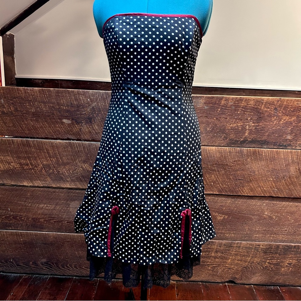 Vintage Y2K Gothic Lolita Polka Dot Strapless Party Dress w/ Lace Petticoat